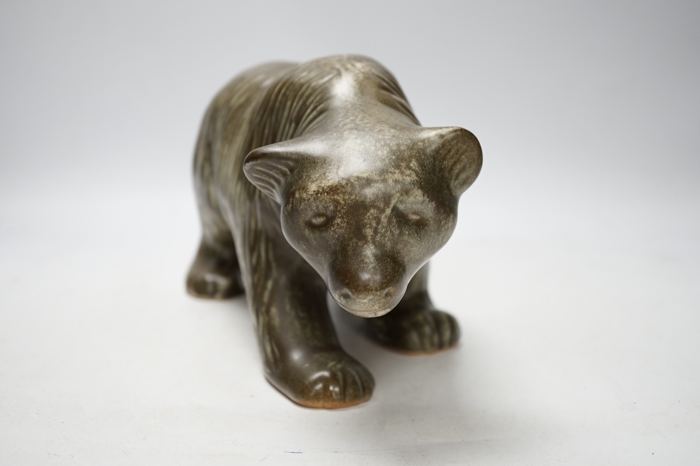 A Johgus Bornholm ceramic bear, and assorted coloured glass, tallest 31cm